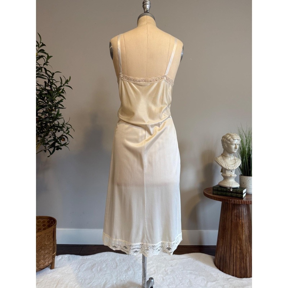 Ivory Satin Slip Nightgown Lace Trim V-Neck Adjustable Straps Lace Hem Coquette - Picture 5 of 14